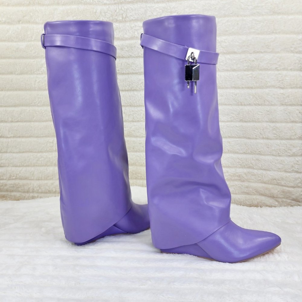Lilac Purple Wedge Heel Skirted Fold Over Knee Boots